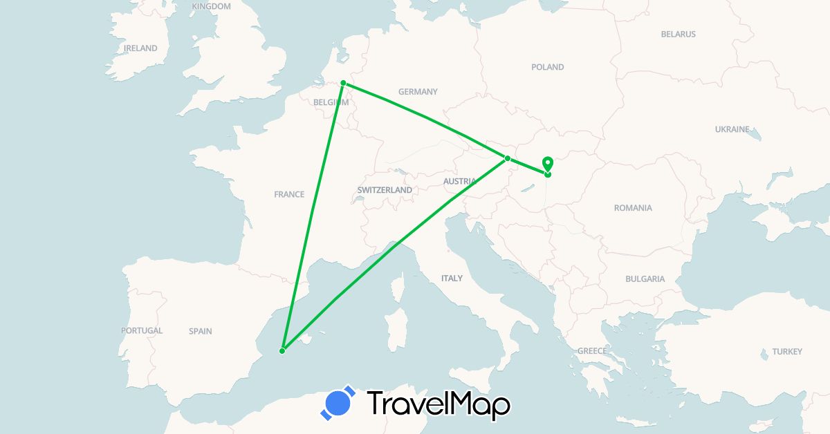 TravelMap itinerary: driving, bus in Austria, Spain, Hungary, Netherlands (Europe)